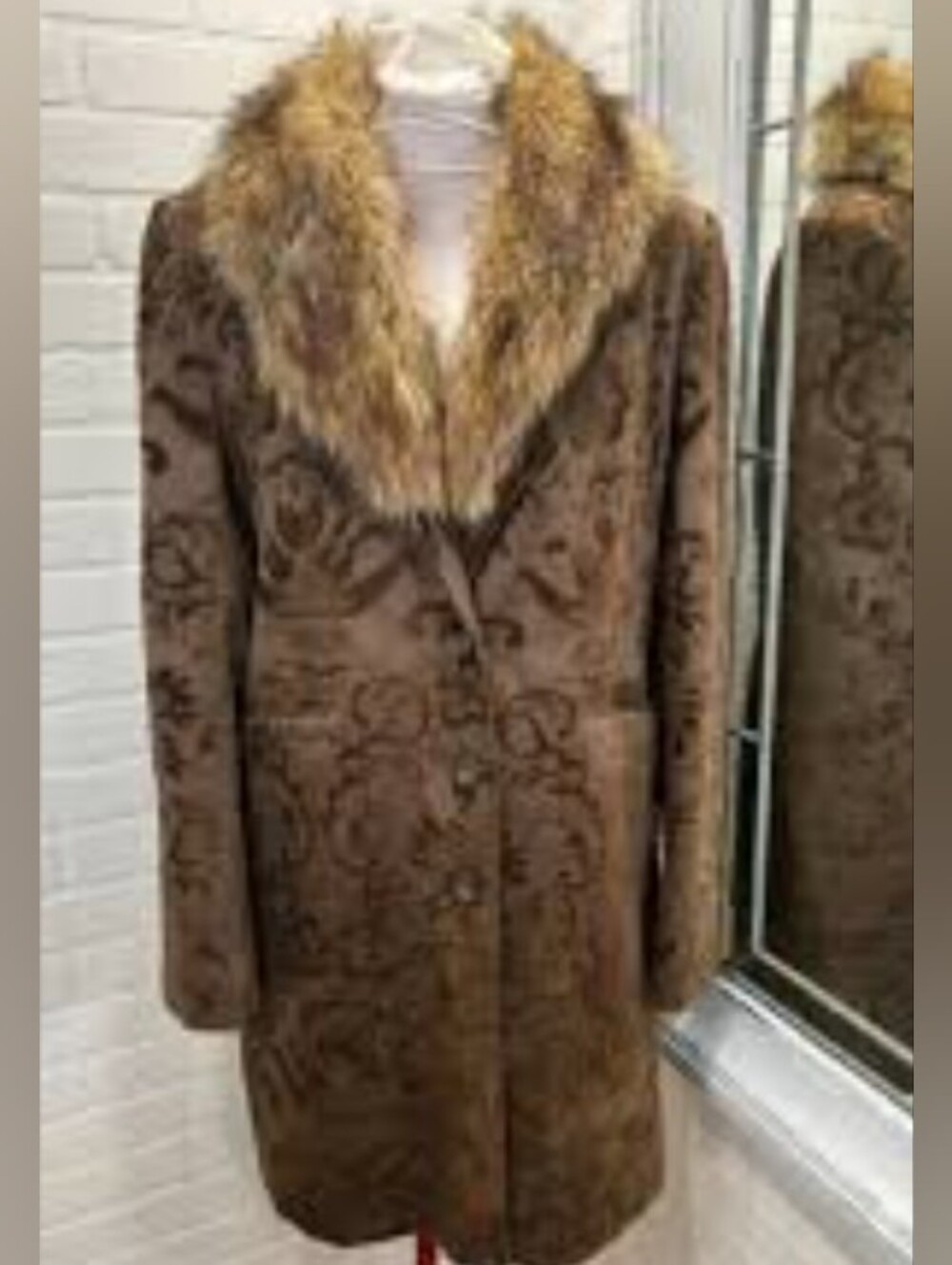 VTG Retro Brown Embroidery Faux Fur-Collar Patterned Coat